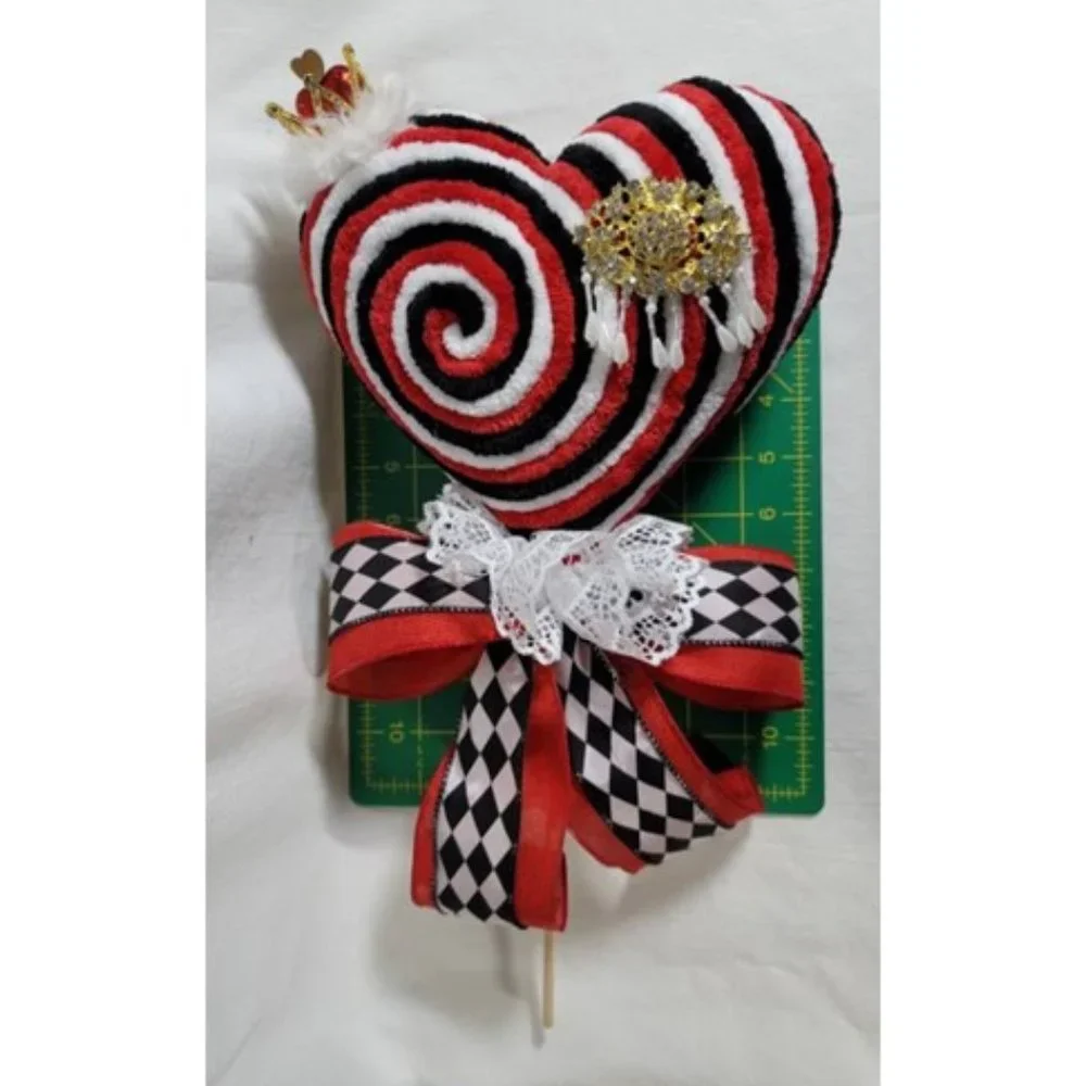 Hearts Decorative Velvety Yarn Red, Black‎ & White Heart w Crown Lollipop & Gold